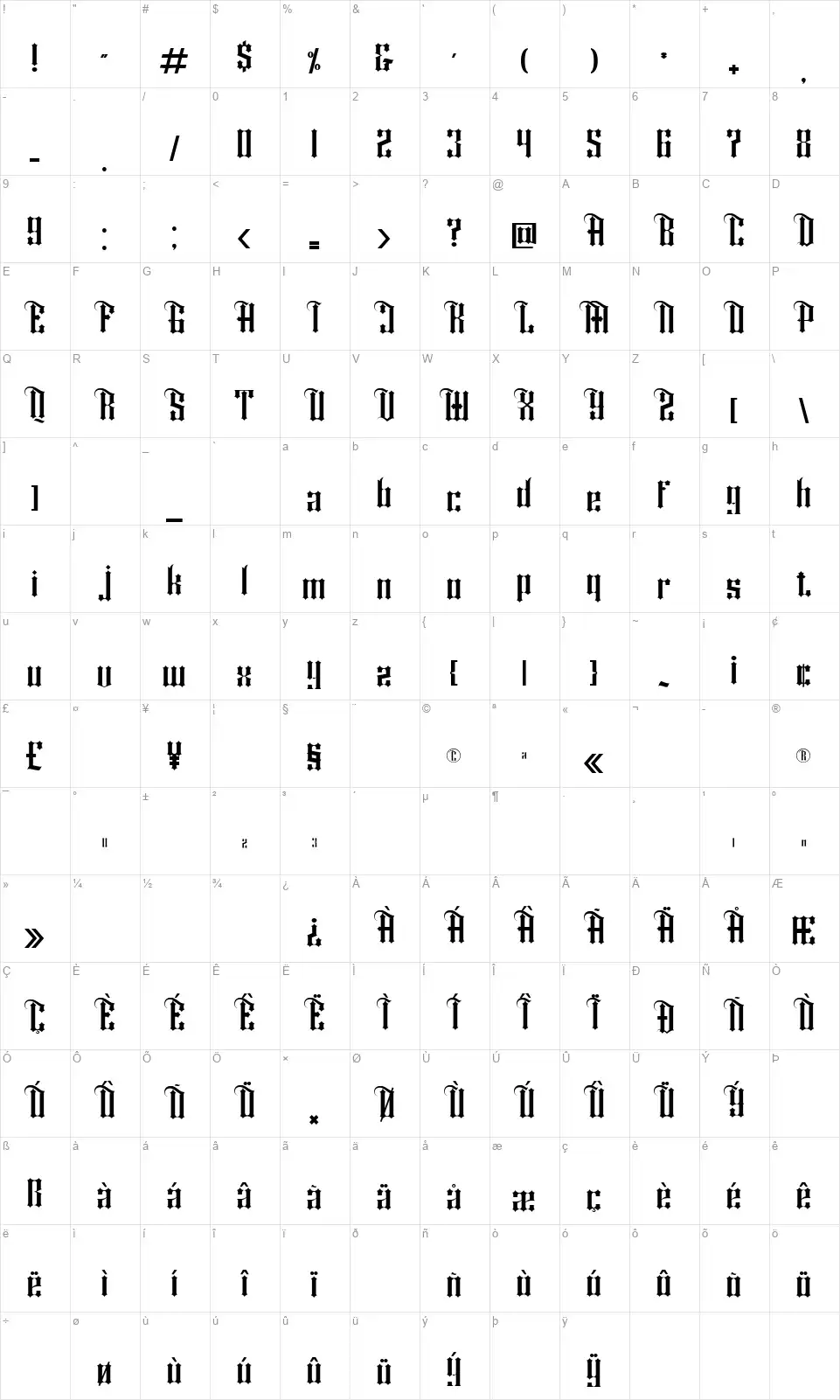 Shiny Kagefont character map