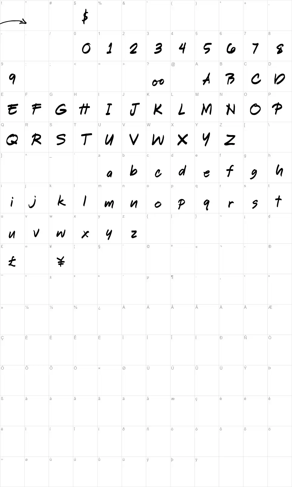Shookenfont character map