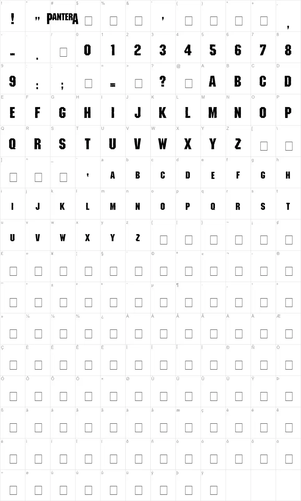 Shreddedfont character map