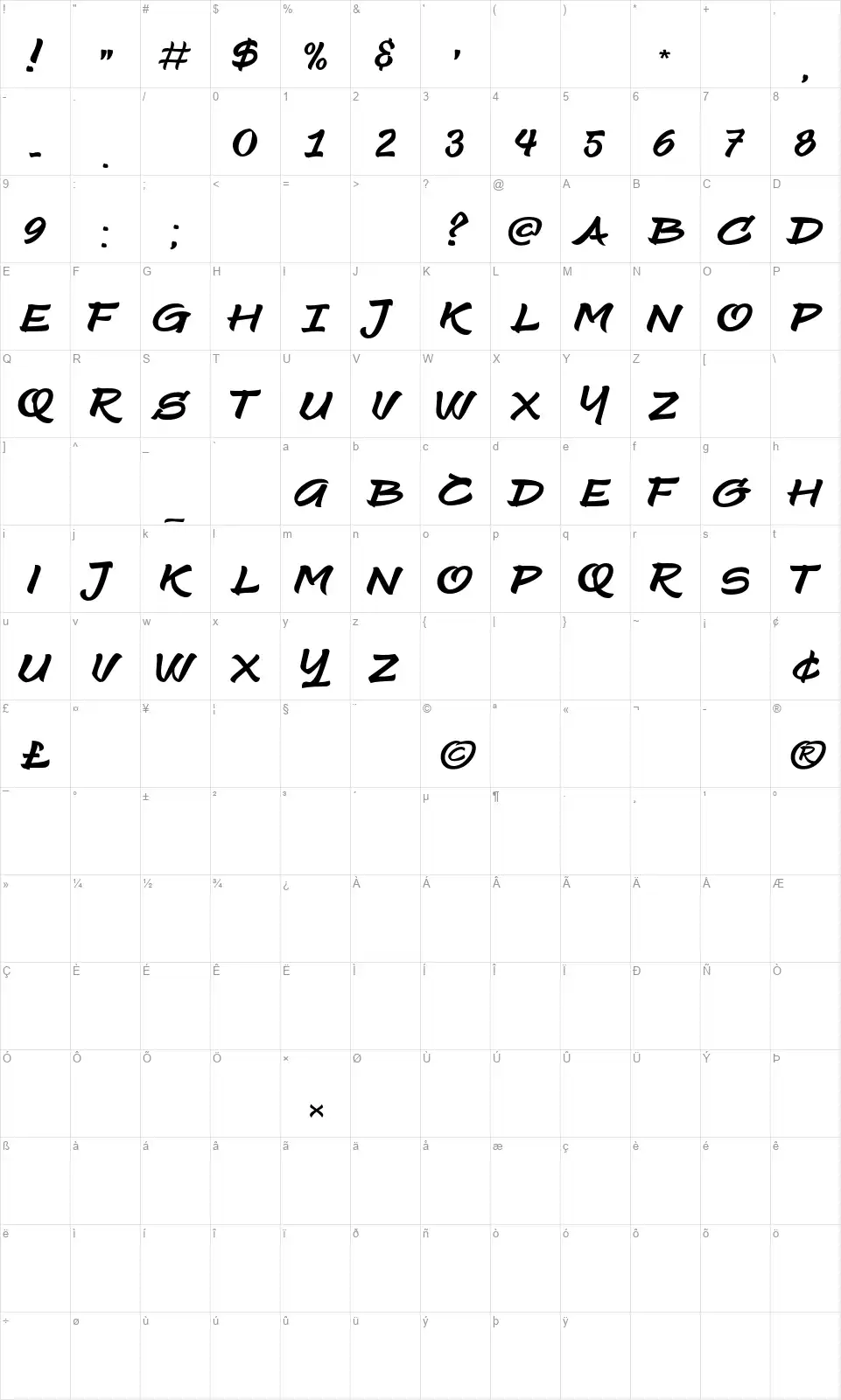 Silkystringfont character map