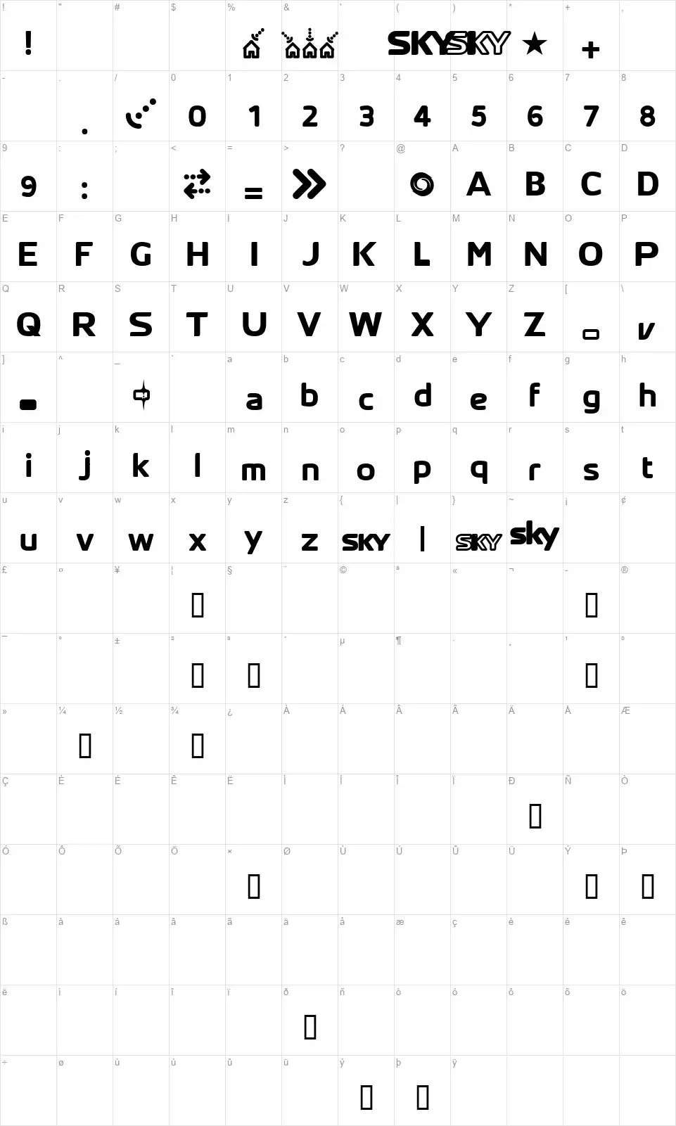 SKYfontThickfont character map