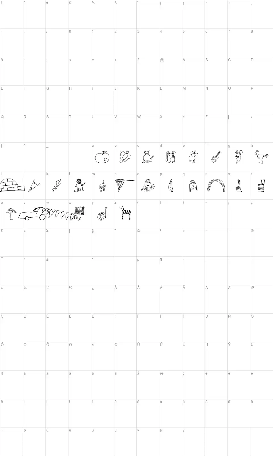 SL Kids Alphabetfont character map