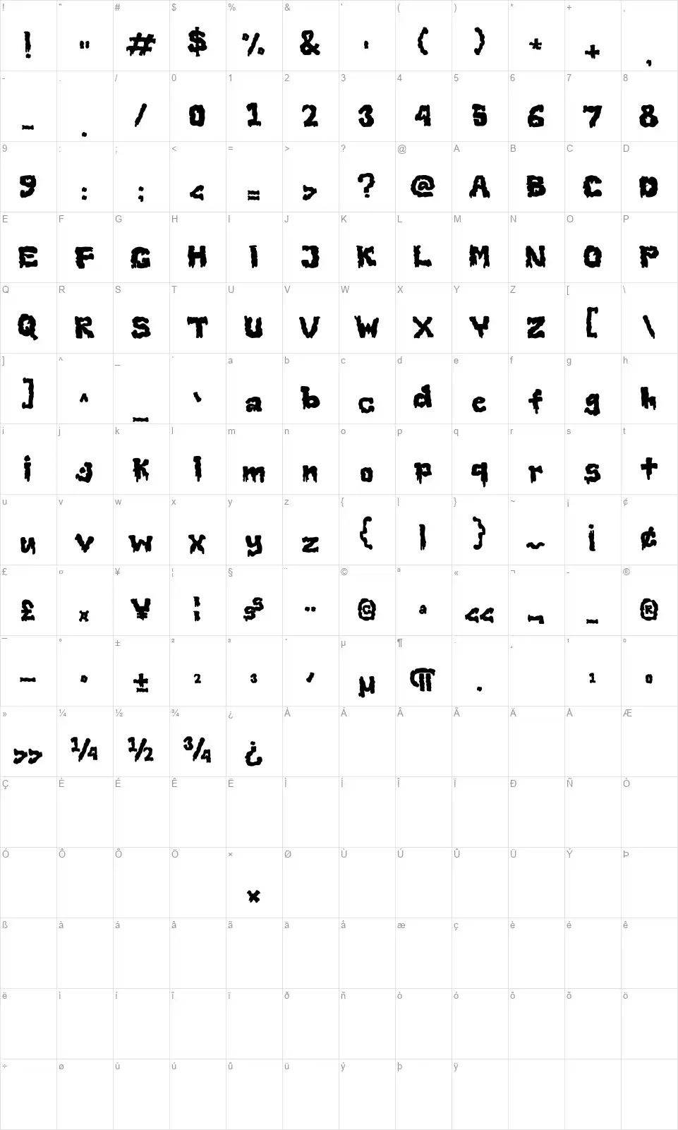 Slimespookyfont character map