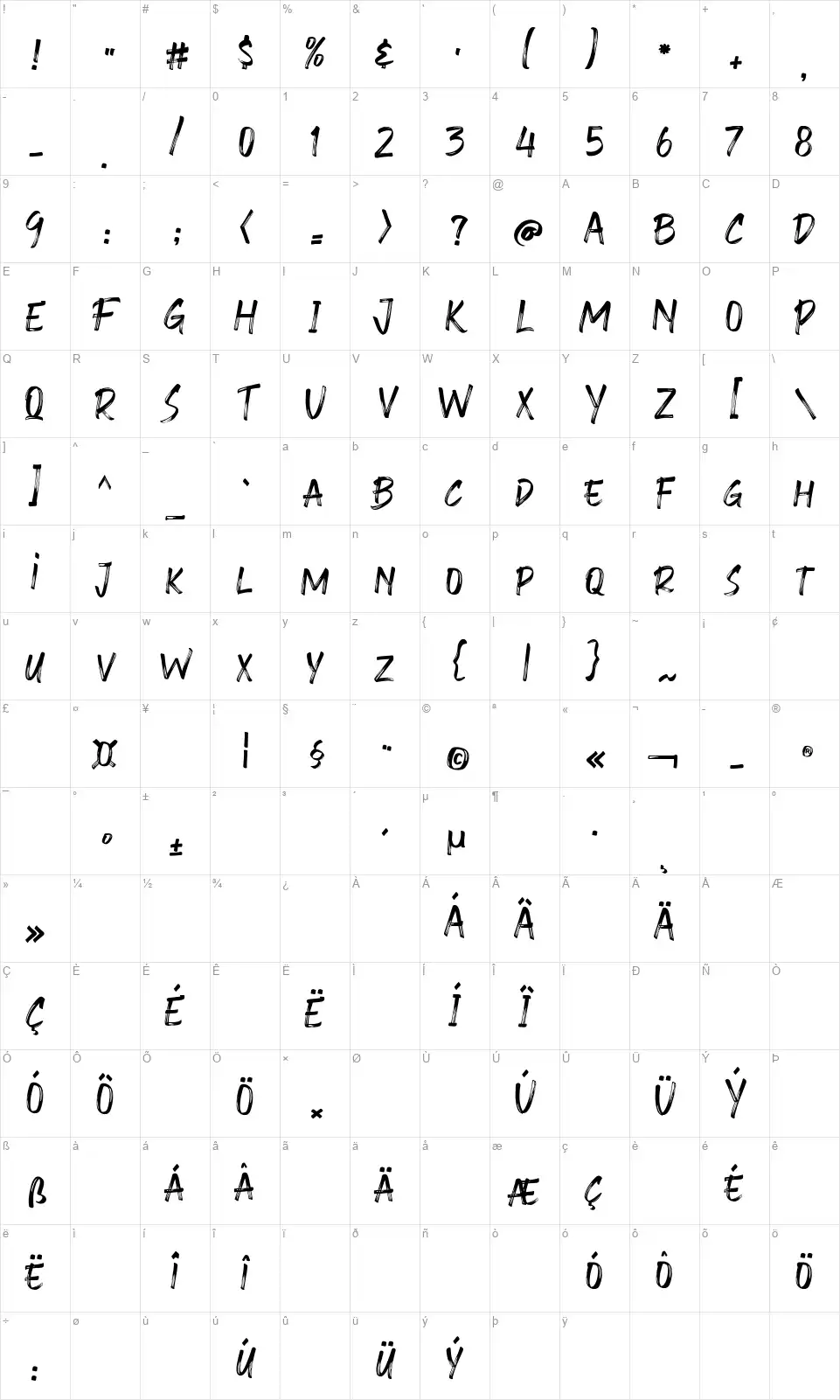 Slouchy Brush Fontsfont character map