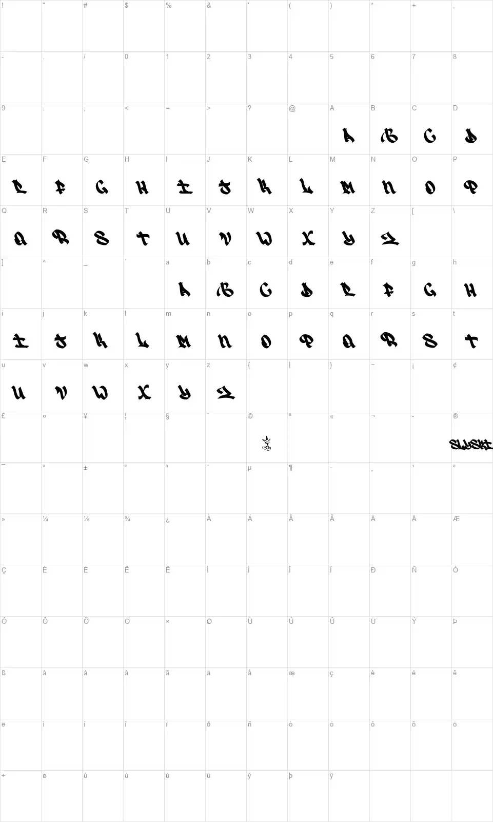 SlySki Originalfont character map
