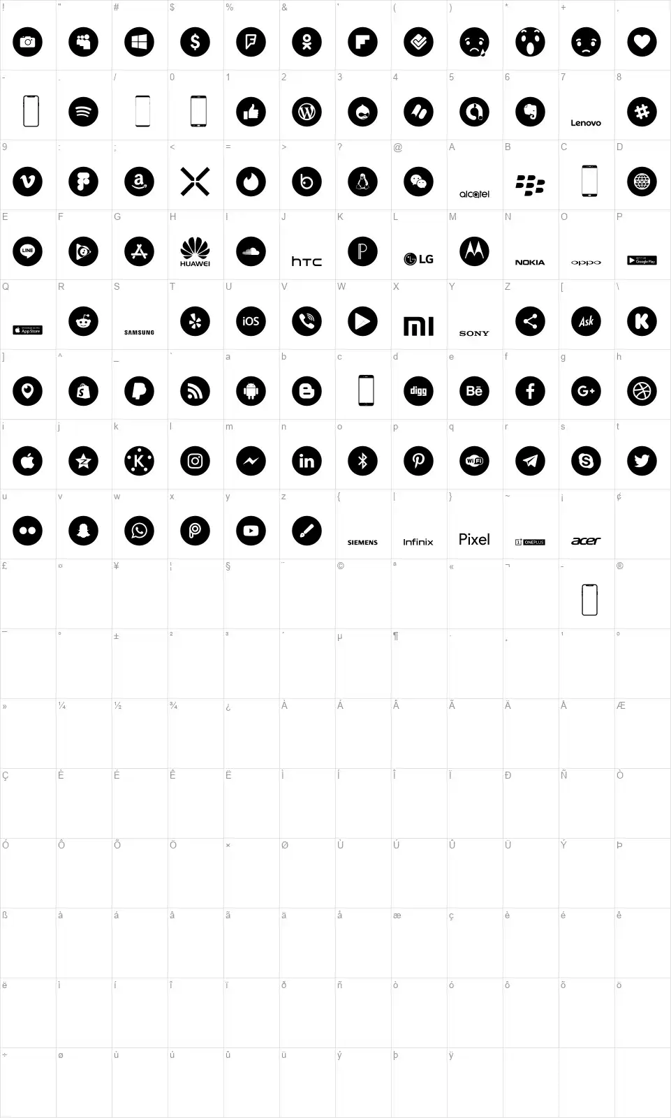 Smartphone Color Profont character map