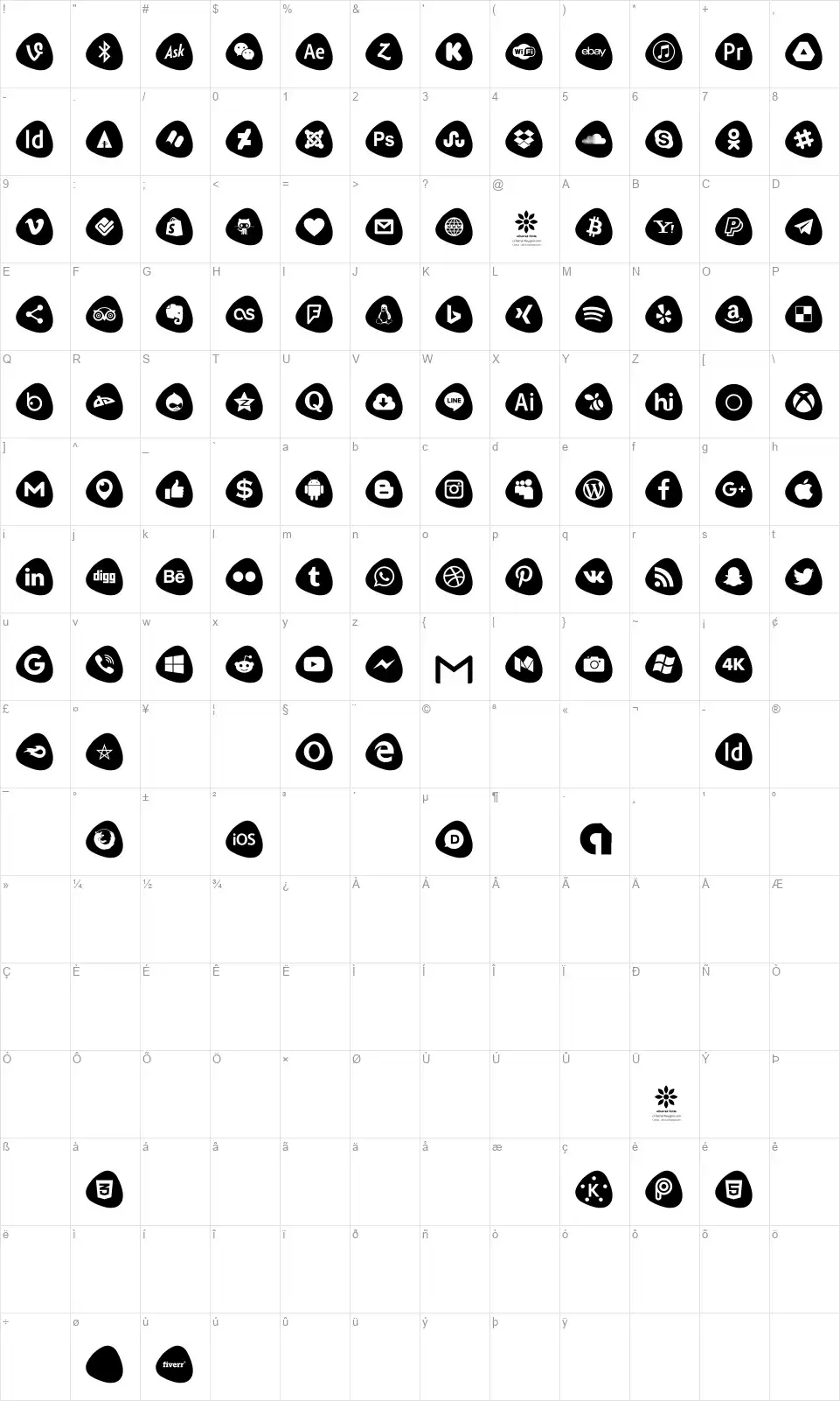 Social Logos Colorfont character map