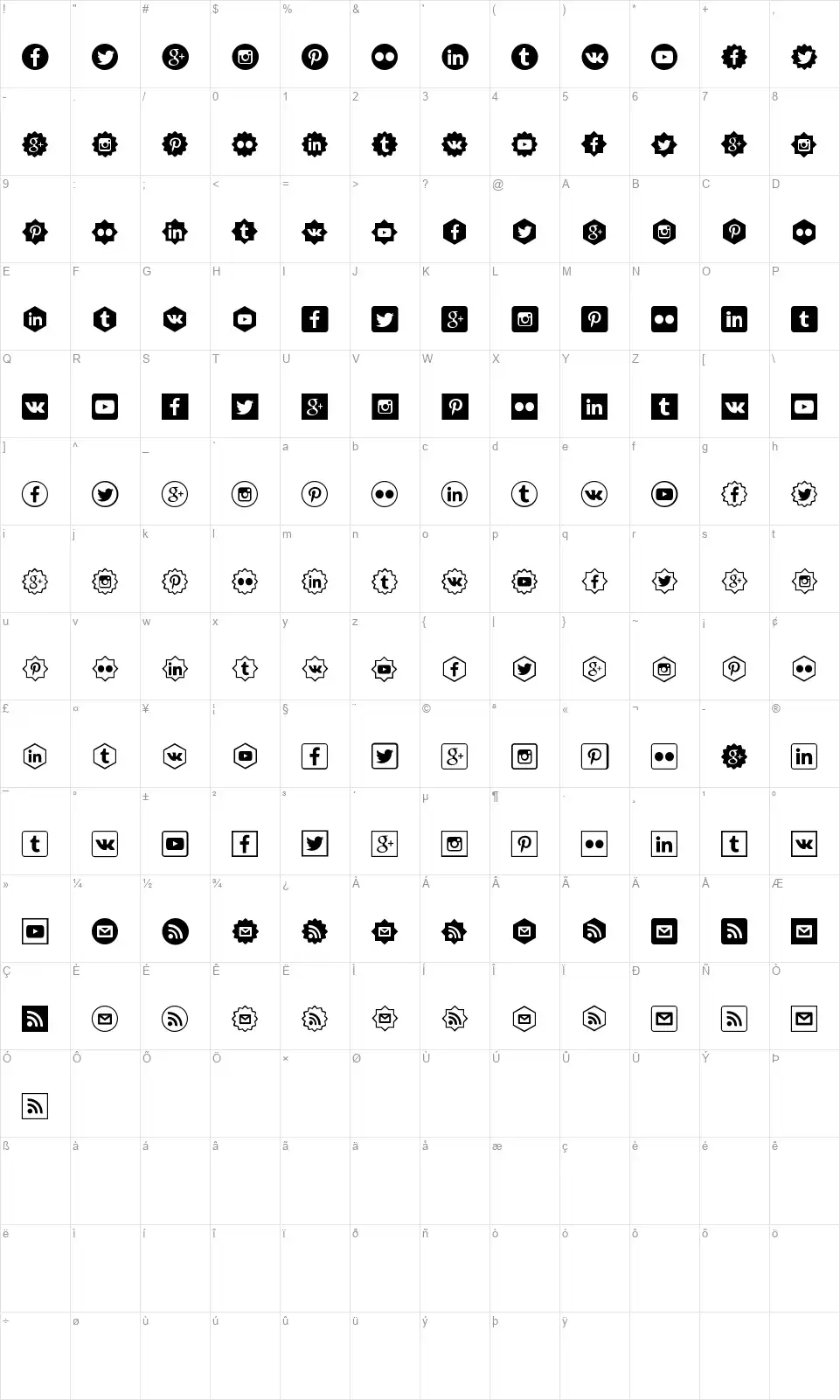 Social Shapesfont character map