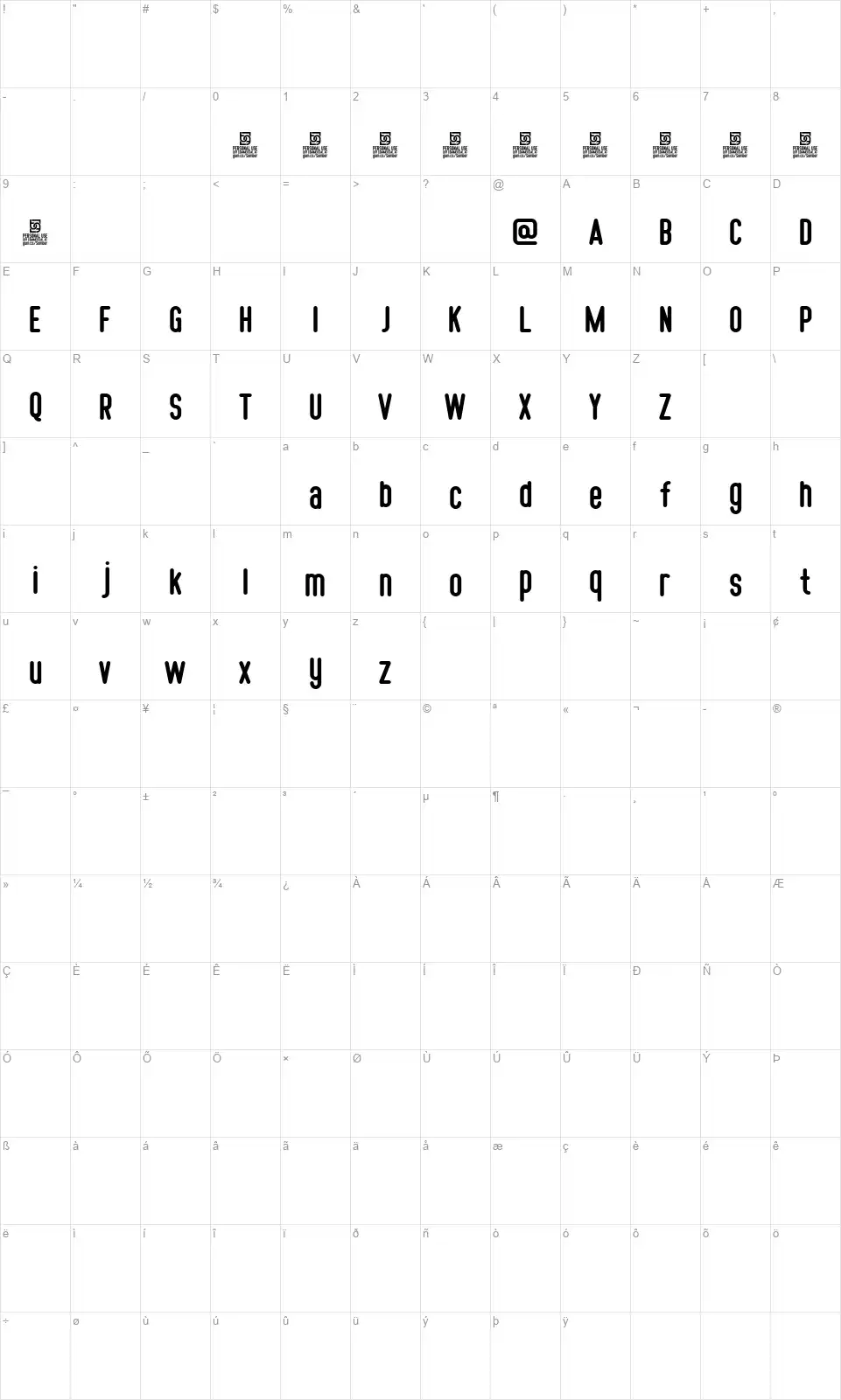 Somber Sansfont character map