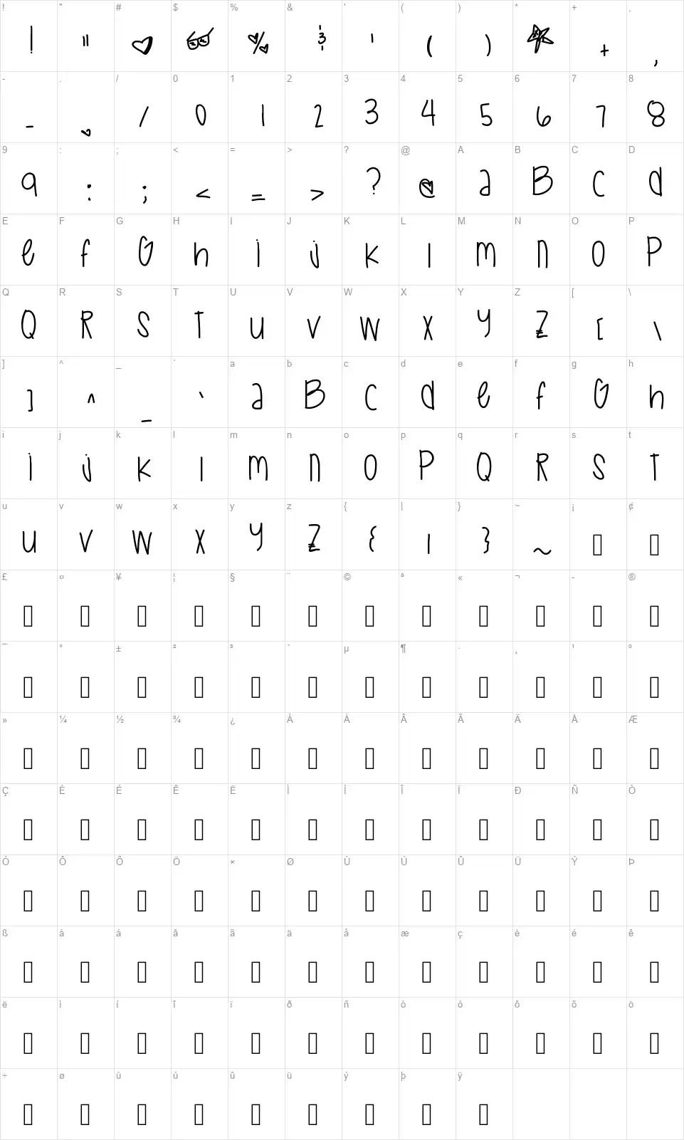 Space Romancefont character map
