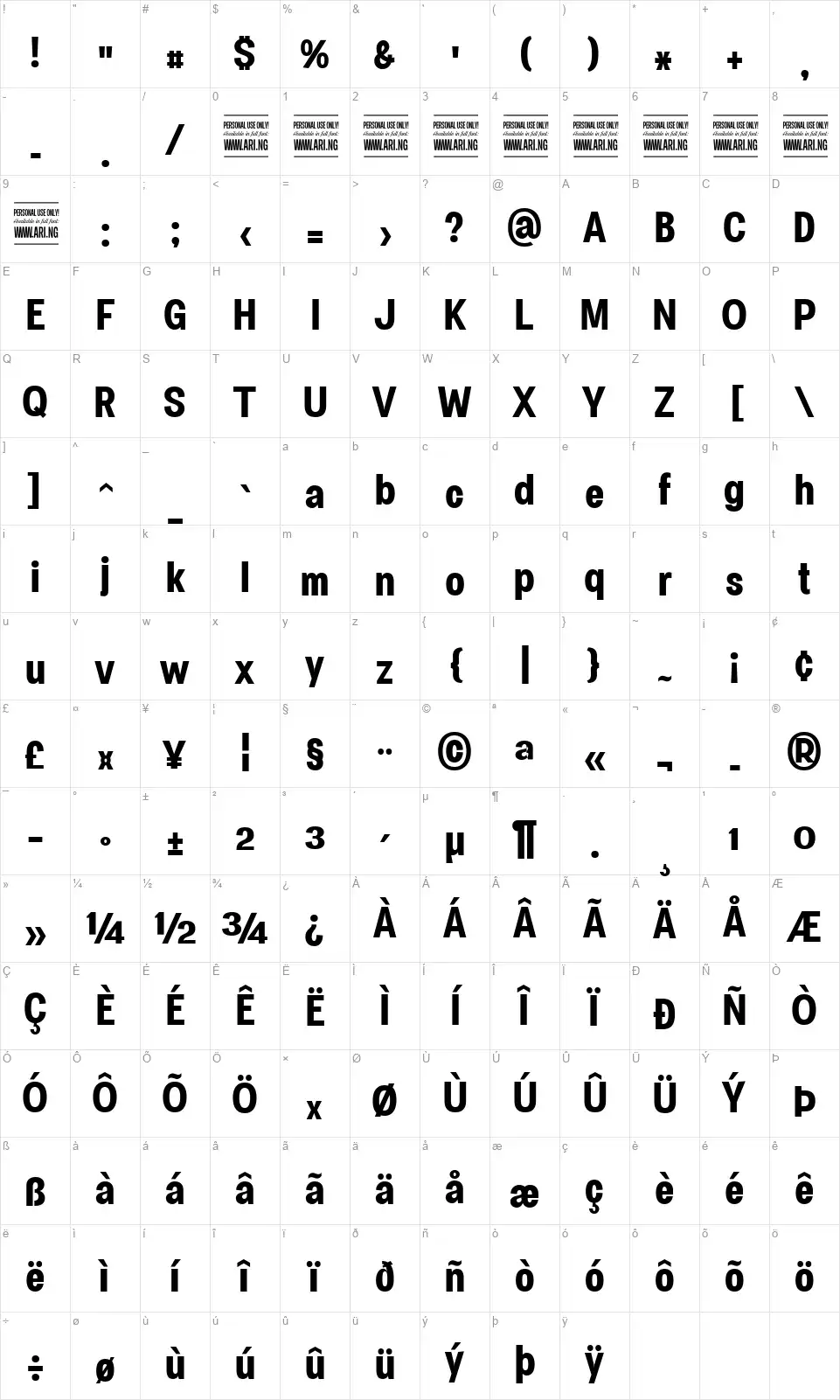 Specifyfont character map