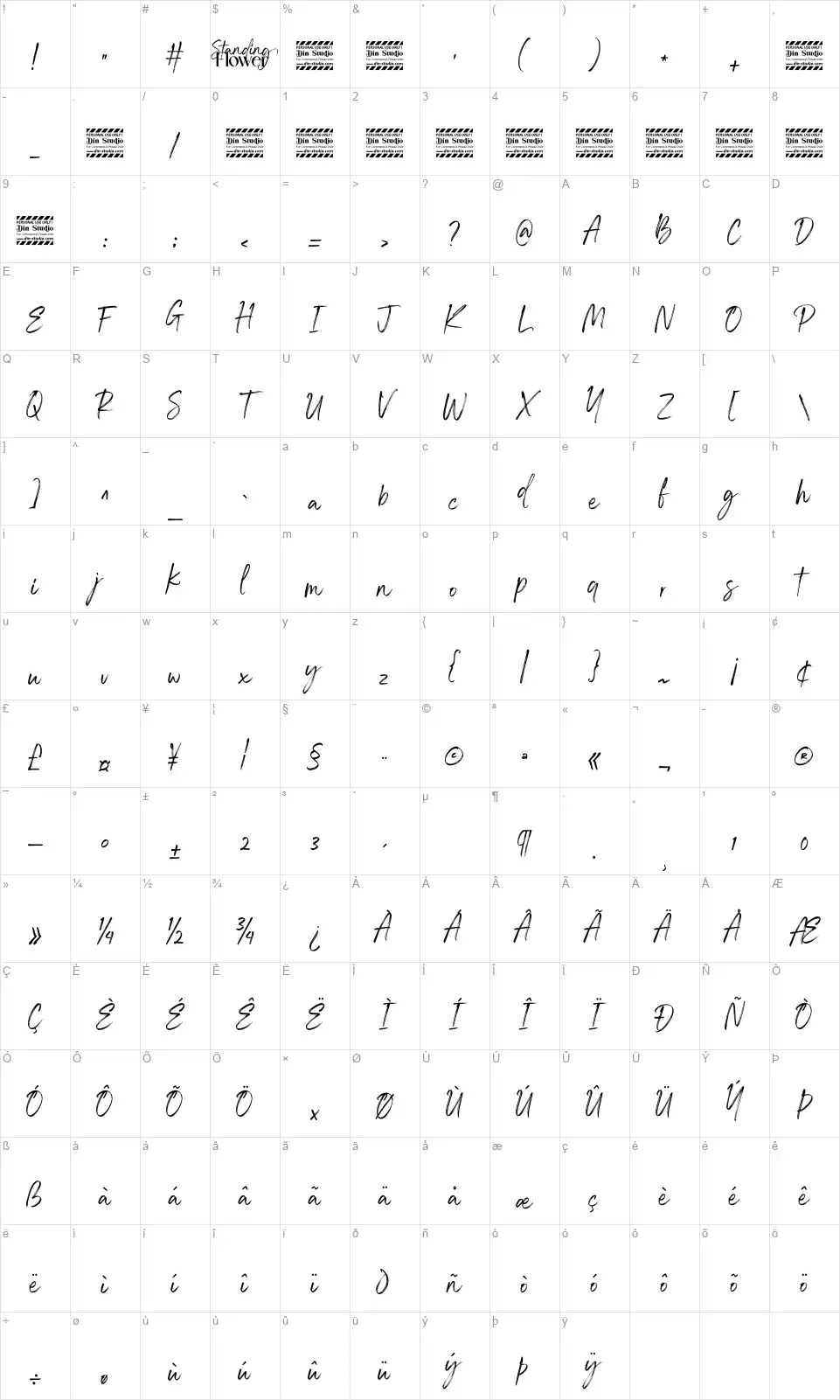 Standing Flower Scriptfont character map