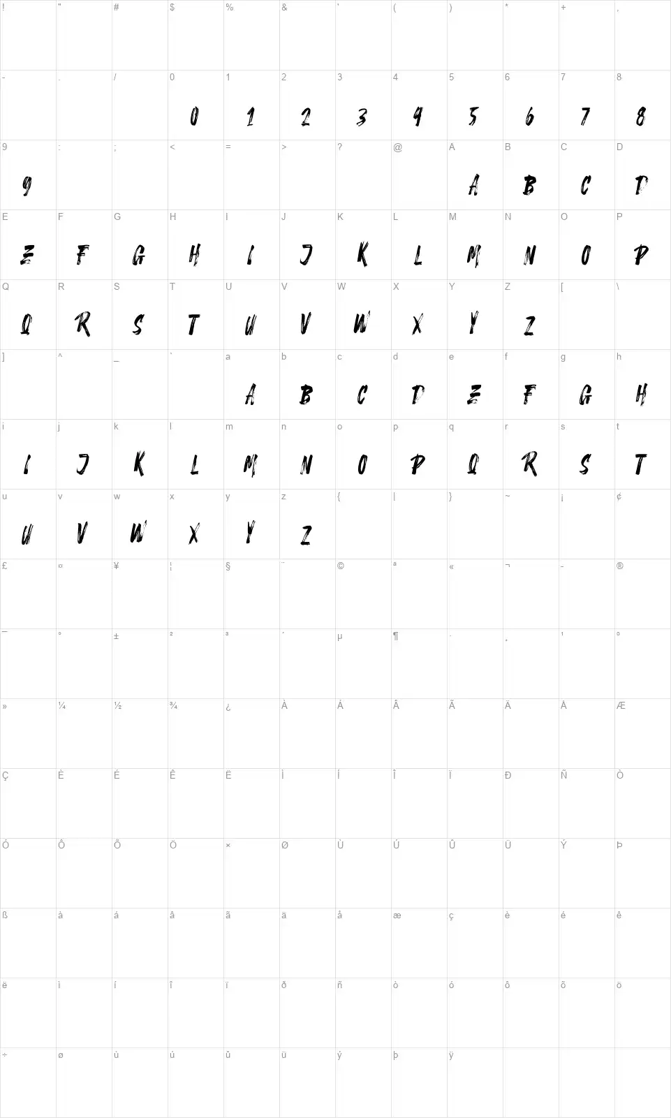 Stonehard Brushfont character map