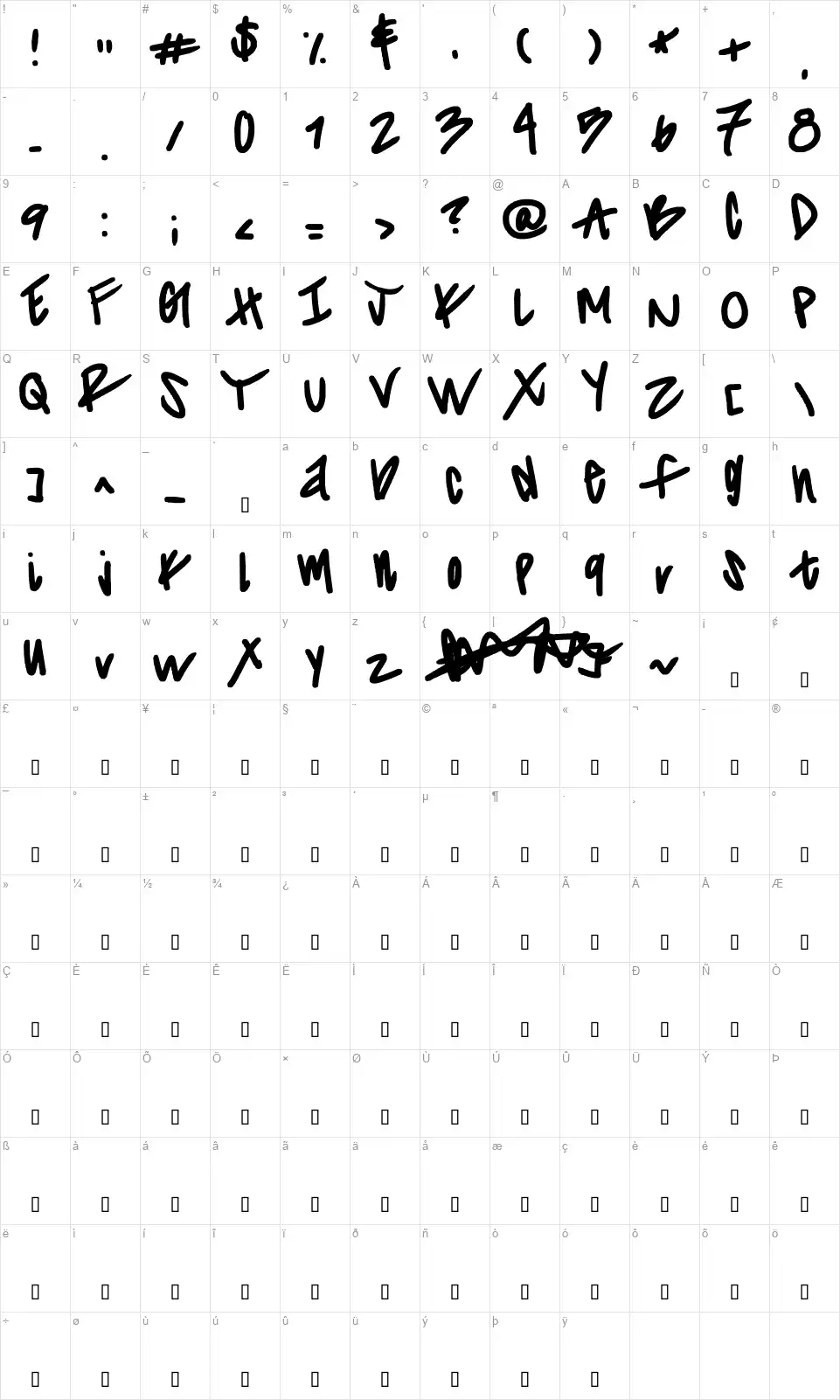 Striiikerrfont character map