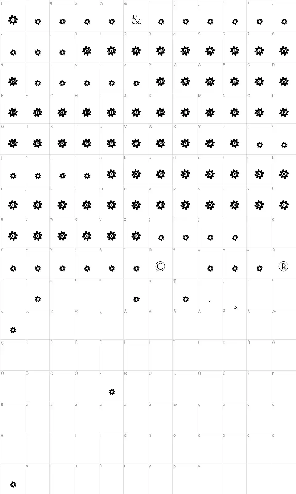 Stucked in Gearsfont character map