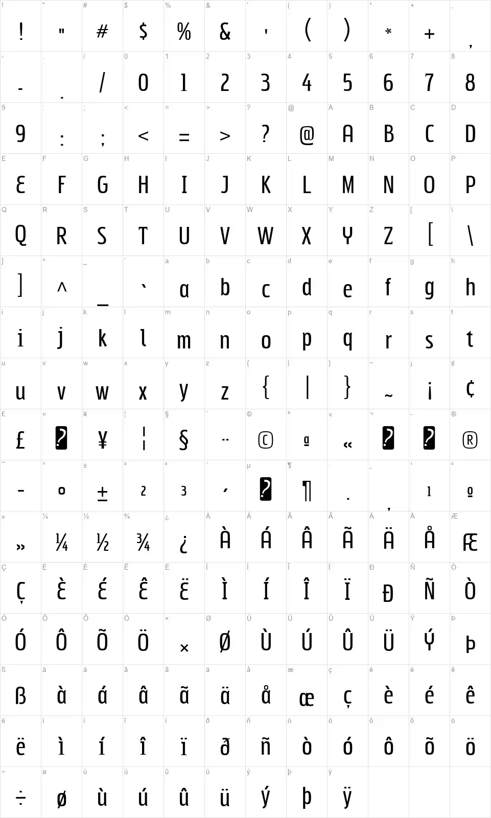 Subpear-Regularfont character map