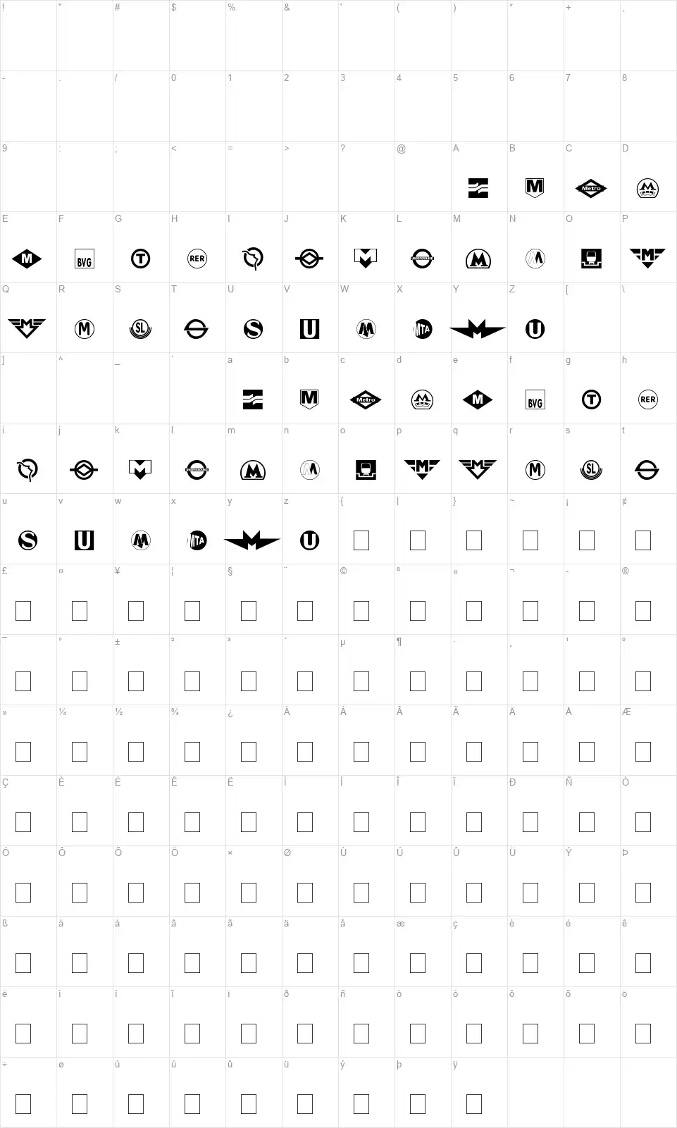 Subway Signfont character map