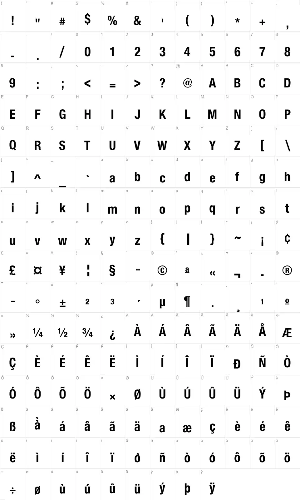 Suiza Condensedfont character map