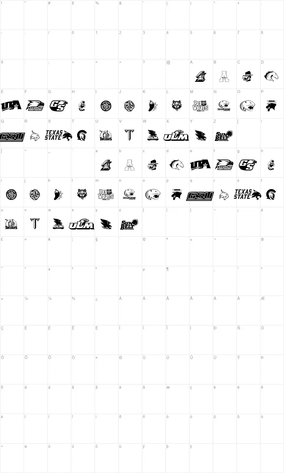 Sun Beltfont character map