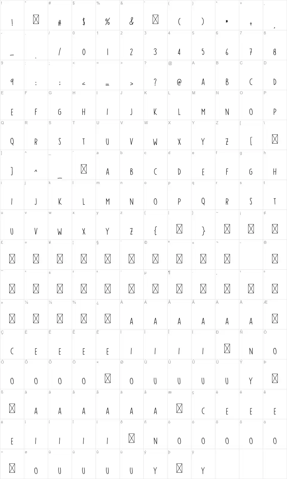 Sunrise Heavenfont character map