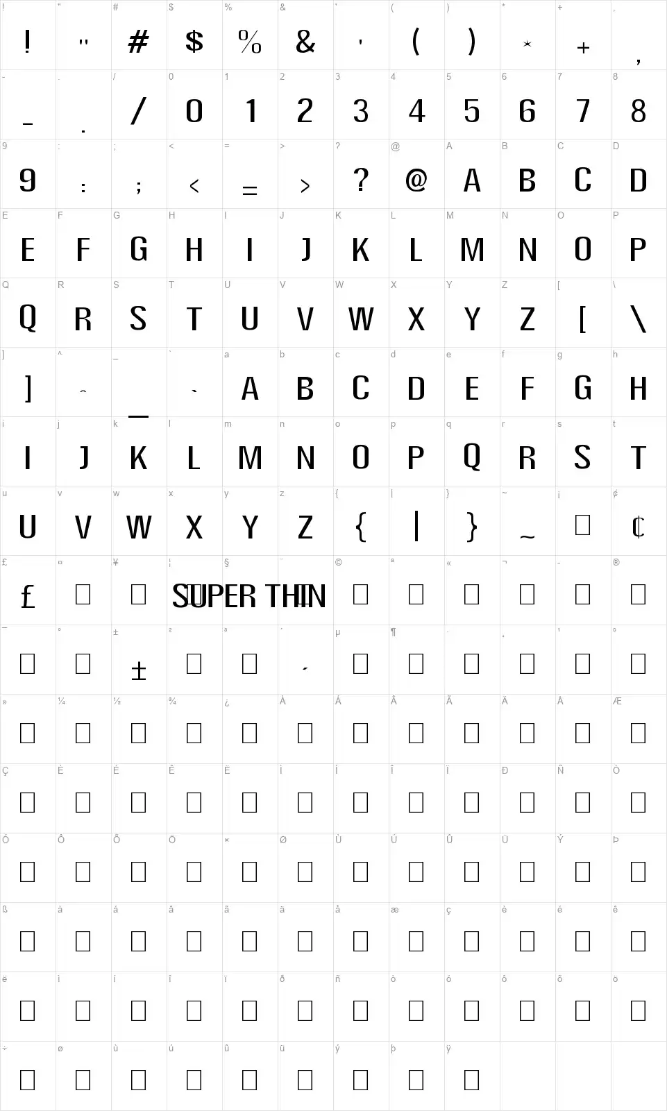 Super Thinfont character map