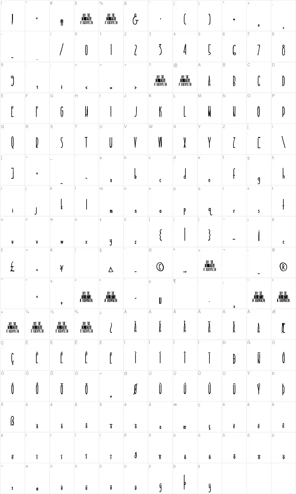 Tall & Slimfont character map