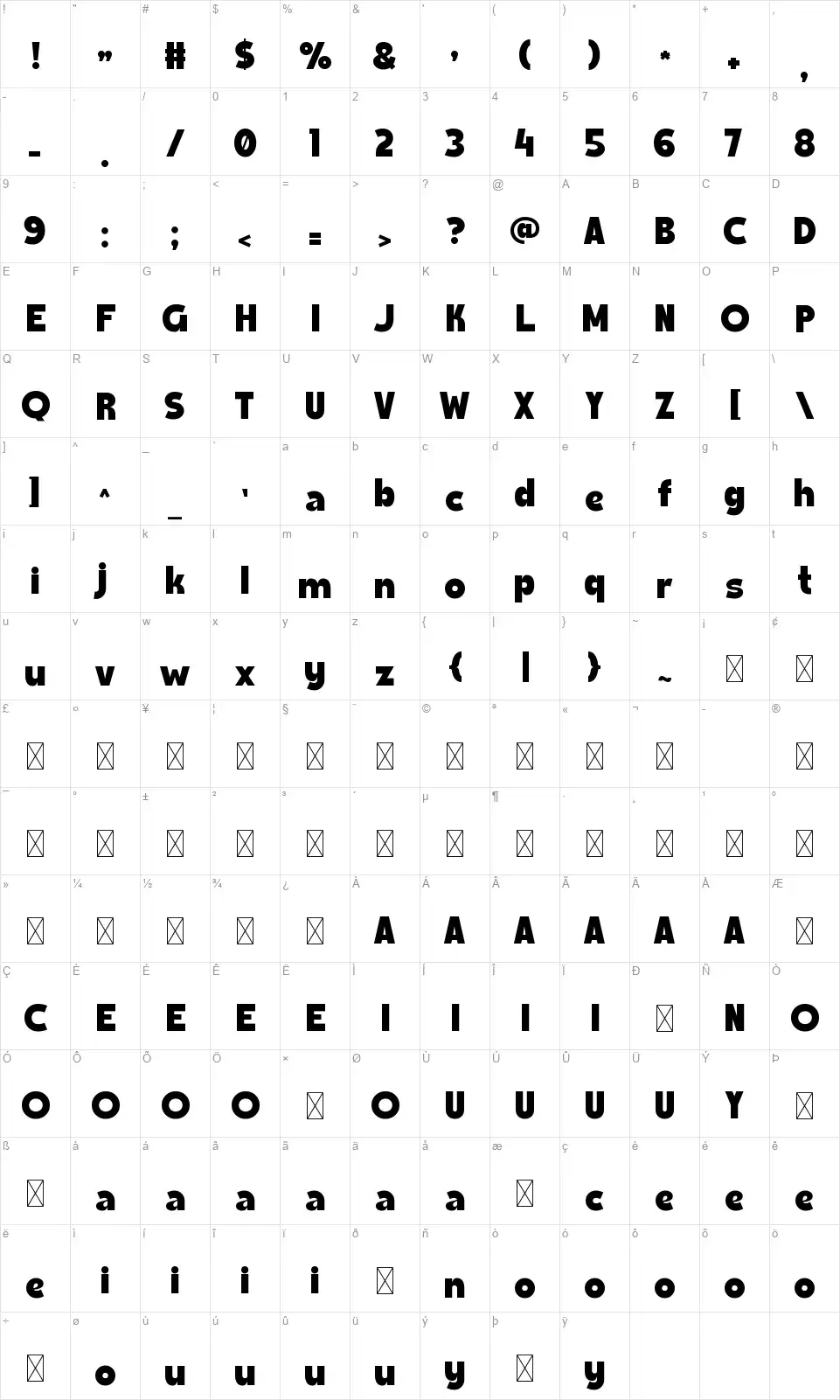 Tanamera Table des caractères Tanamerafont character map