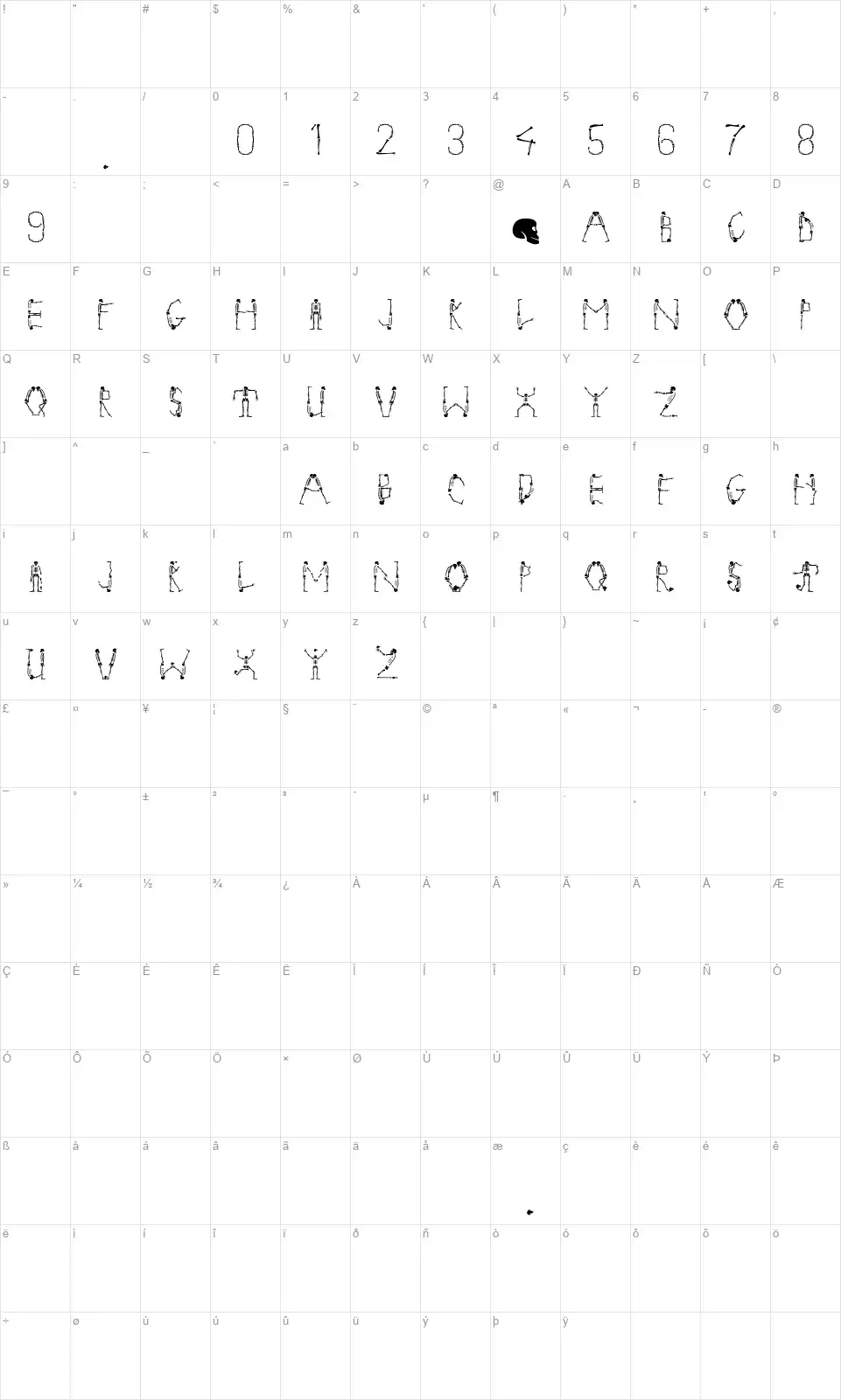 Tango Macabrefont character map