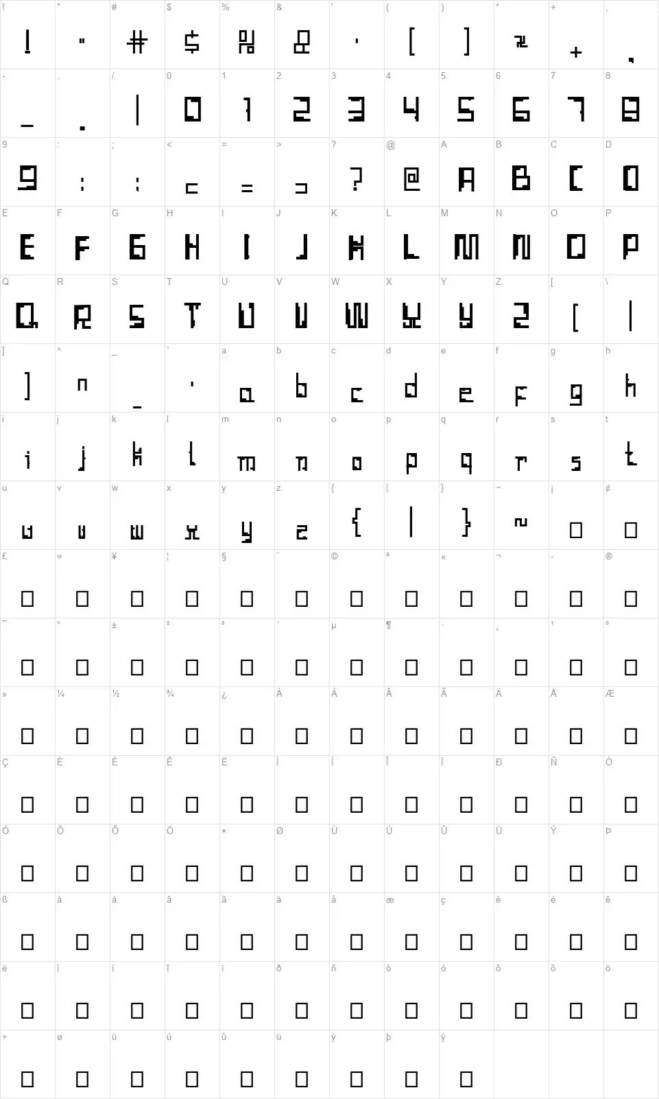 Tetris Hollowfont character map