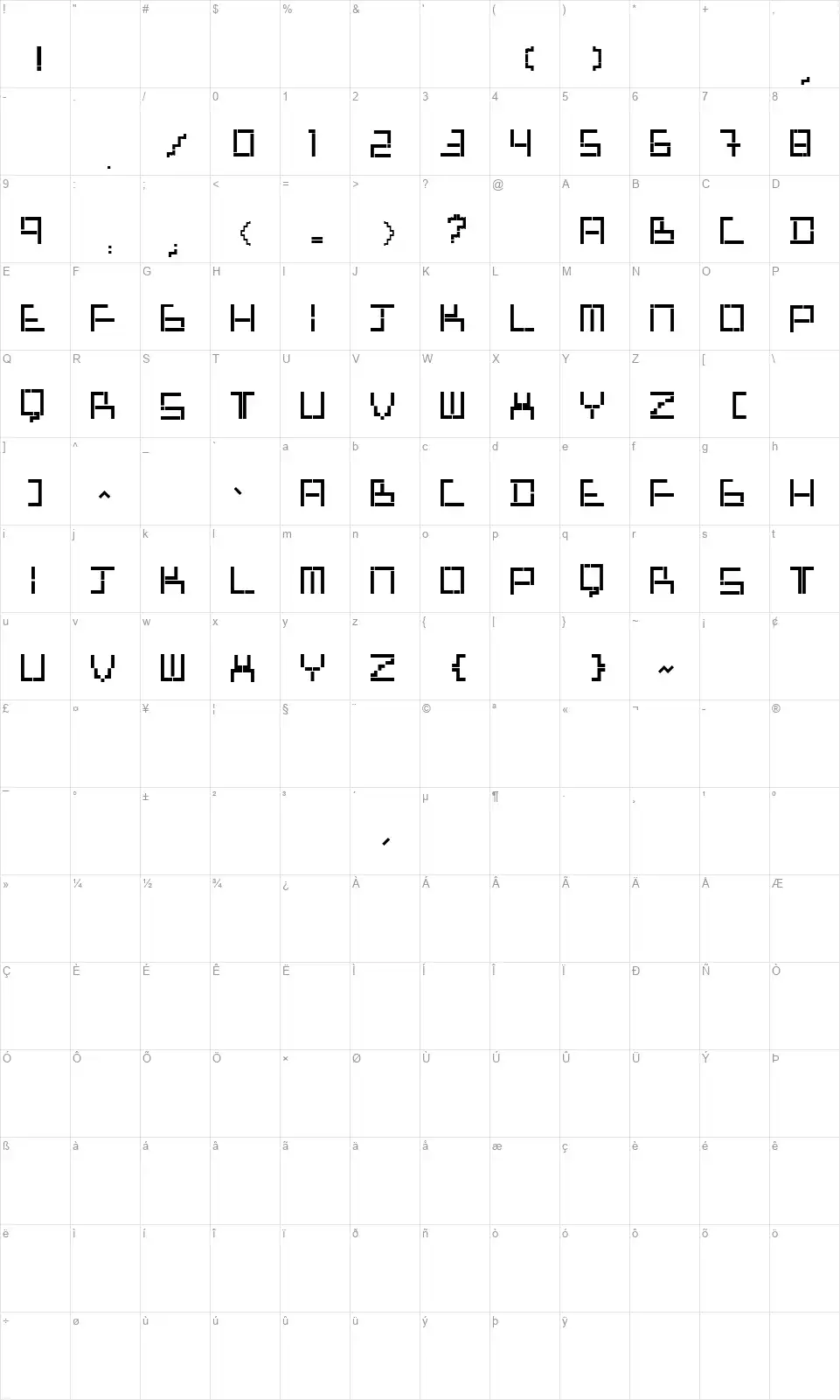 Tetris Mania Typefont character map