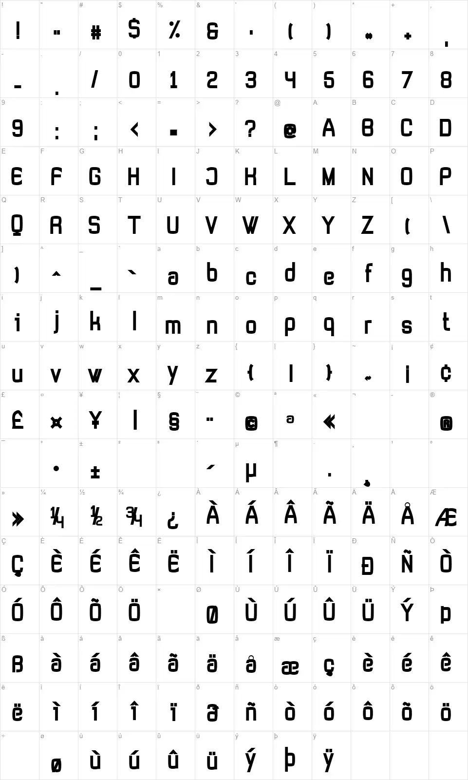 Tevegraphyfont character map