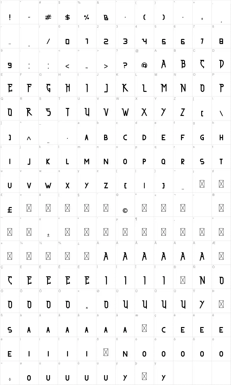 The Affordfont character map