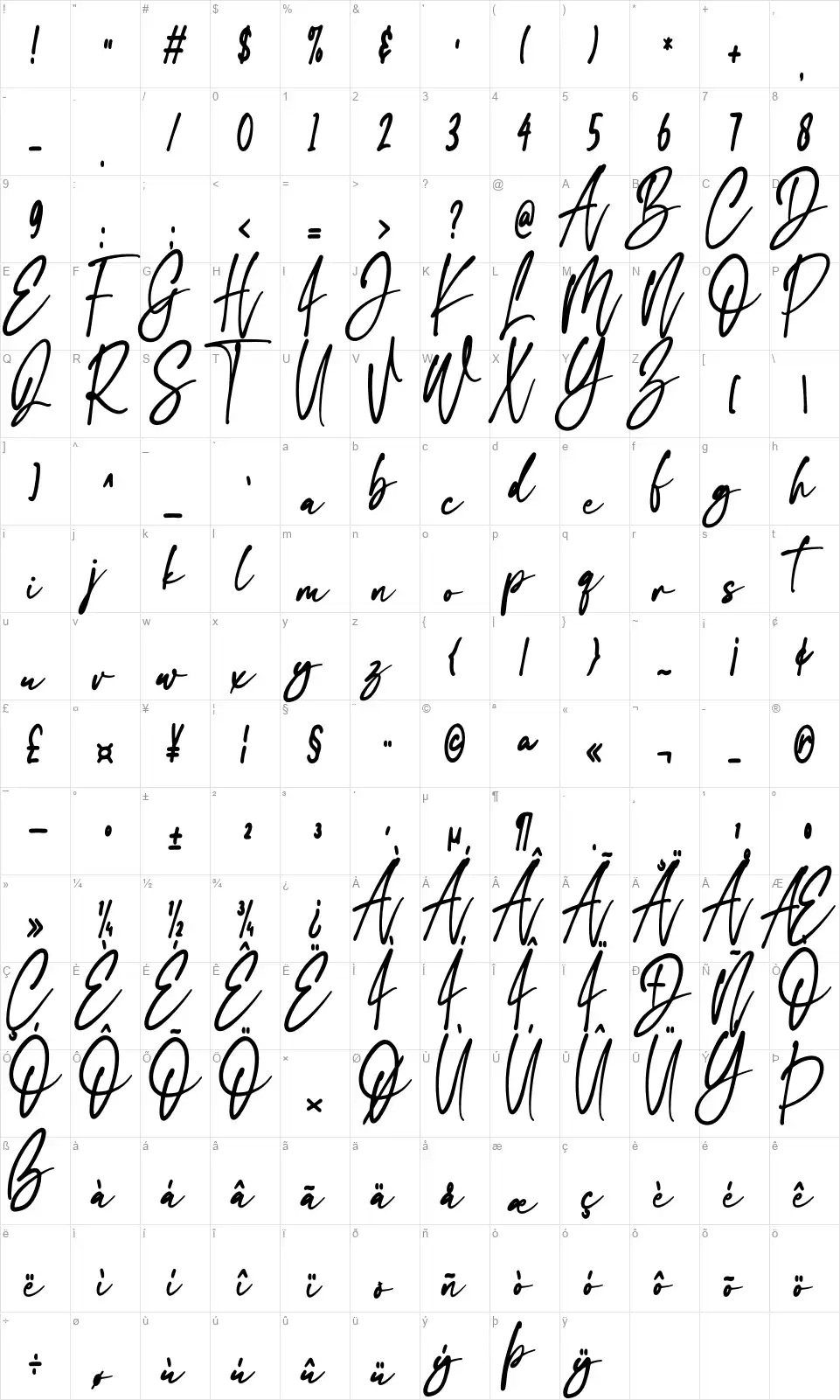 The Flashfont character map