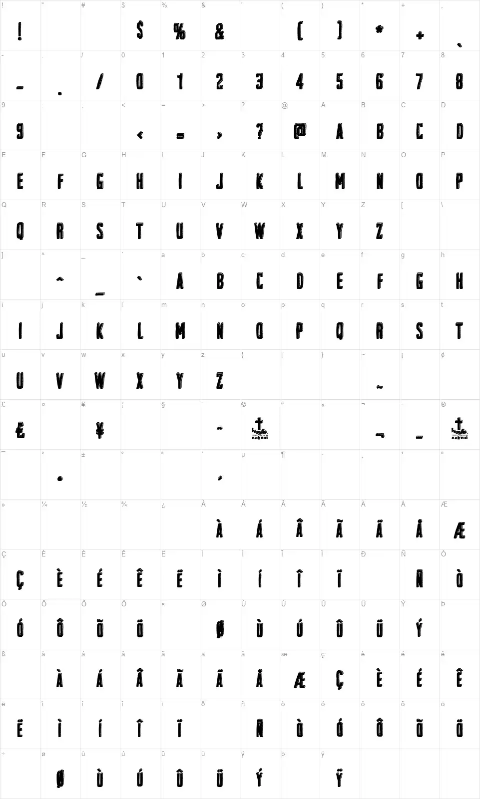 The Galleryfont character map