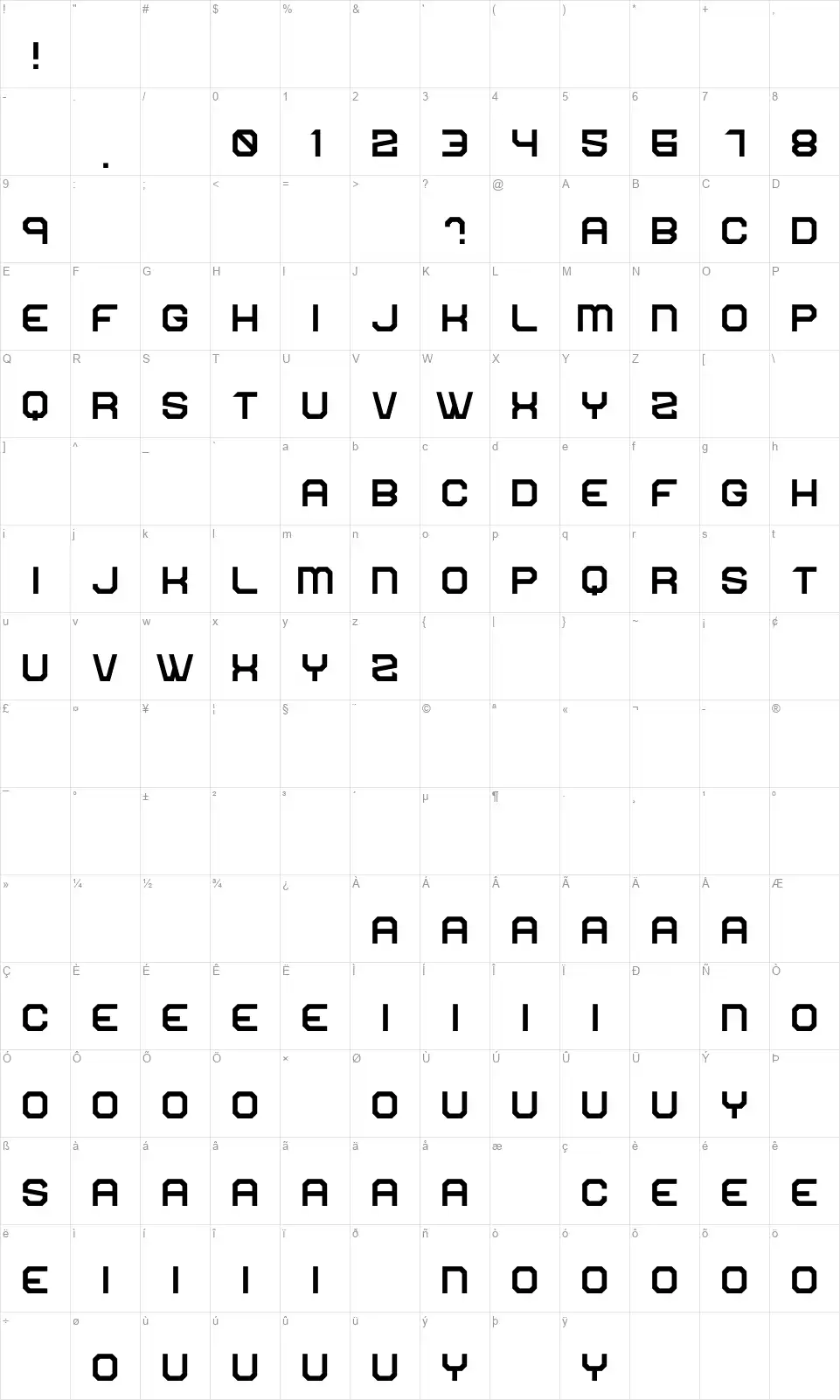 Three Pointfont character map