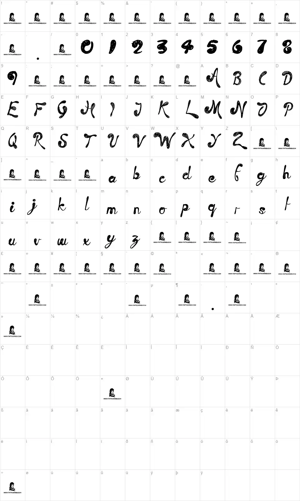 Time Machine font character map