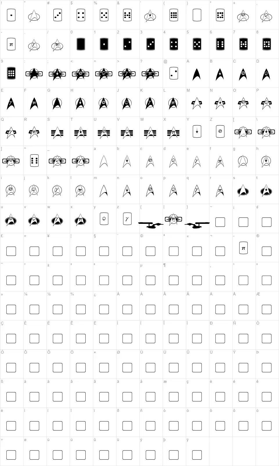 Trek Arrowheadsfont character map