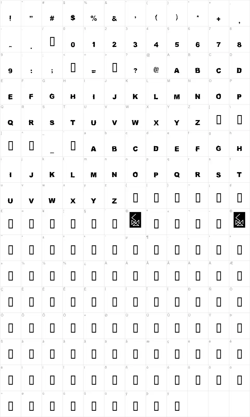Truck Driverfont character map