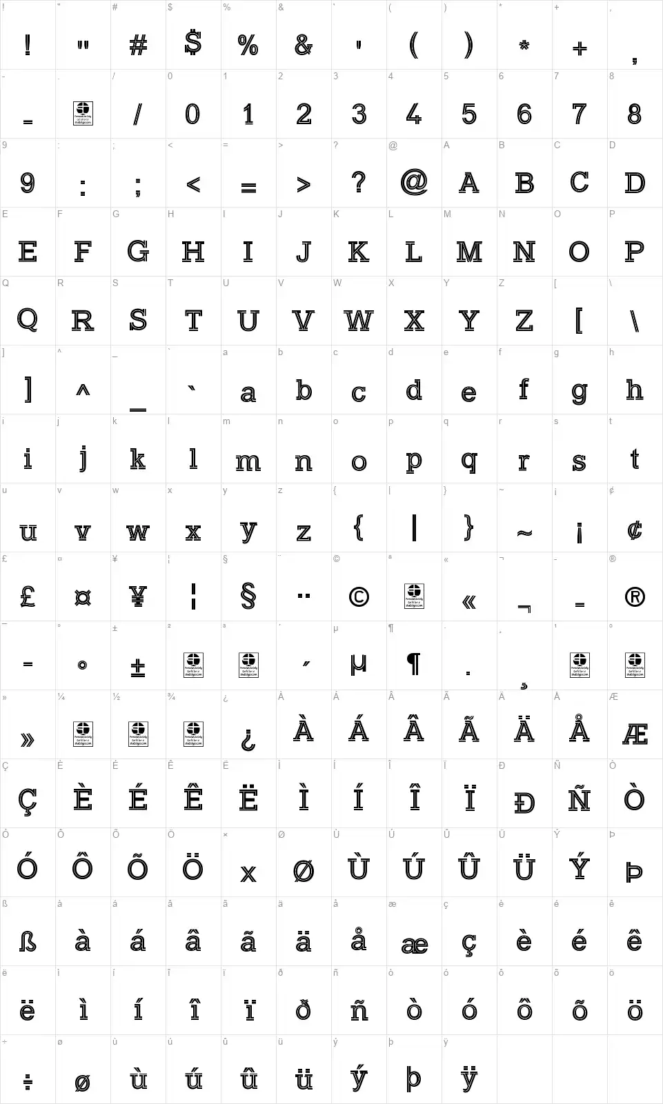Typo Slab Inlinefont character map