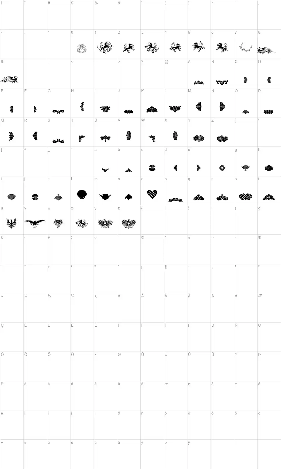 Unpublished Ornamentsfont character map
