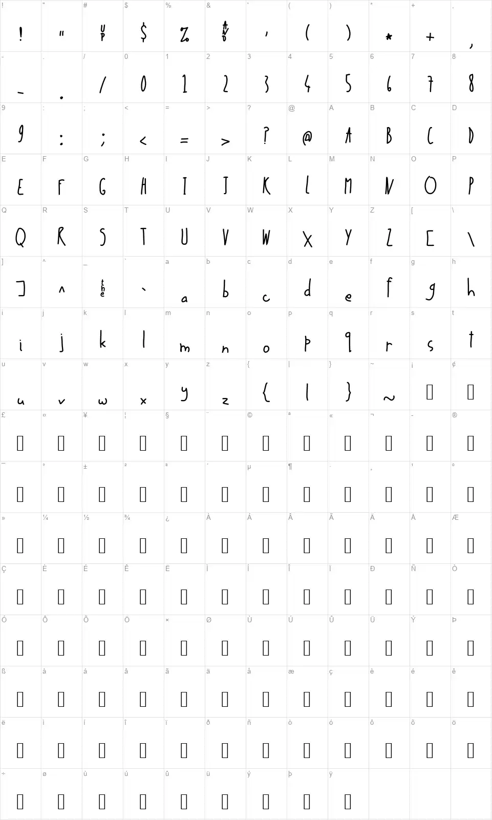 Up in the Airfont character map