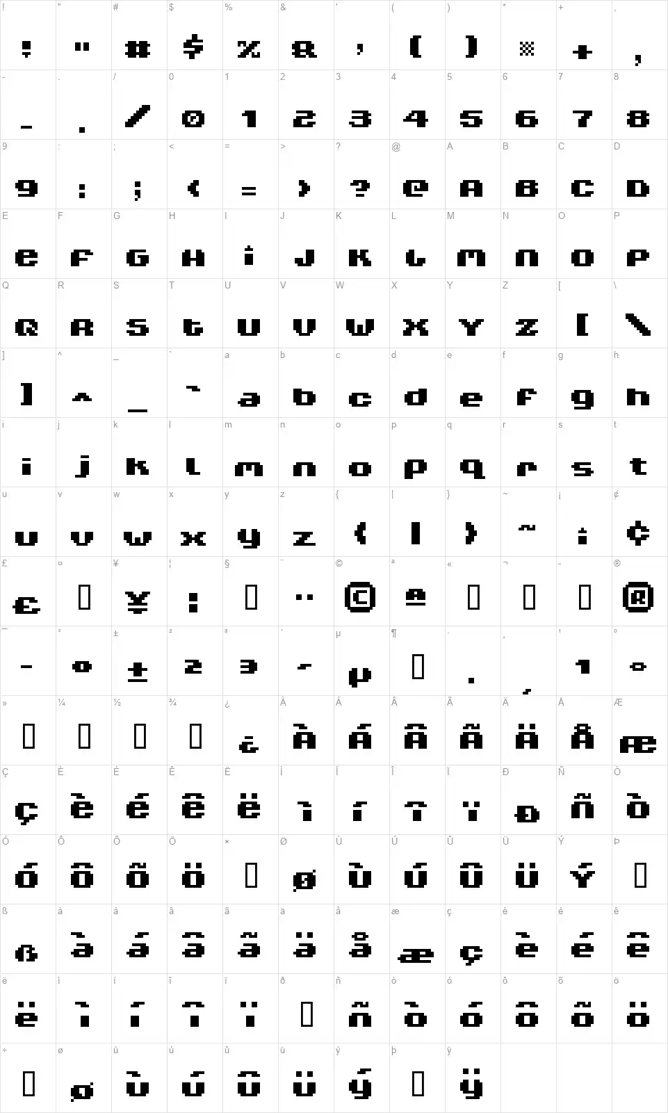 V5 Xtenderfont character map