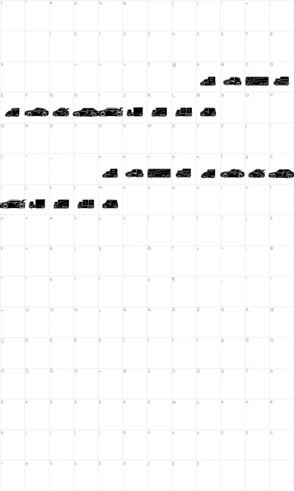 Vehiclesfont character map