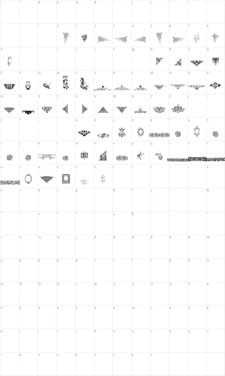 Victorian Free Ornaments Twofont character map