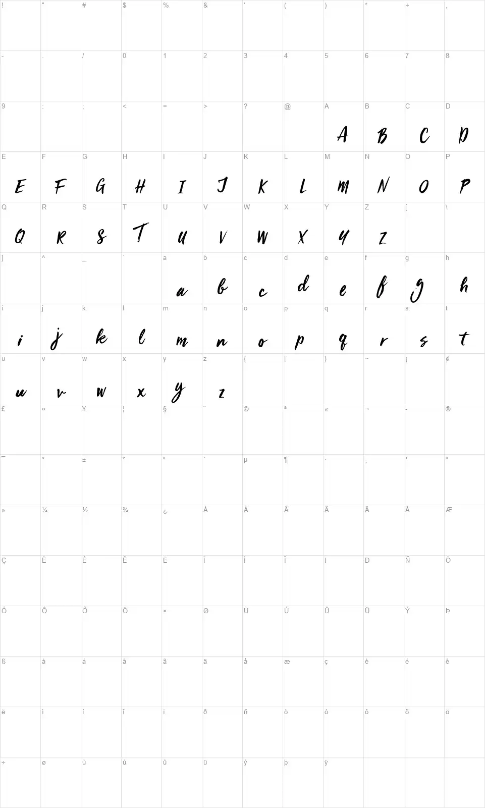 Viva Beautifulfont character map