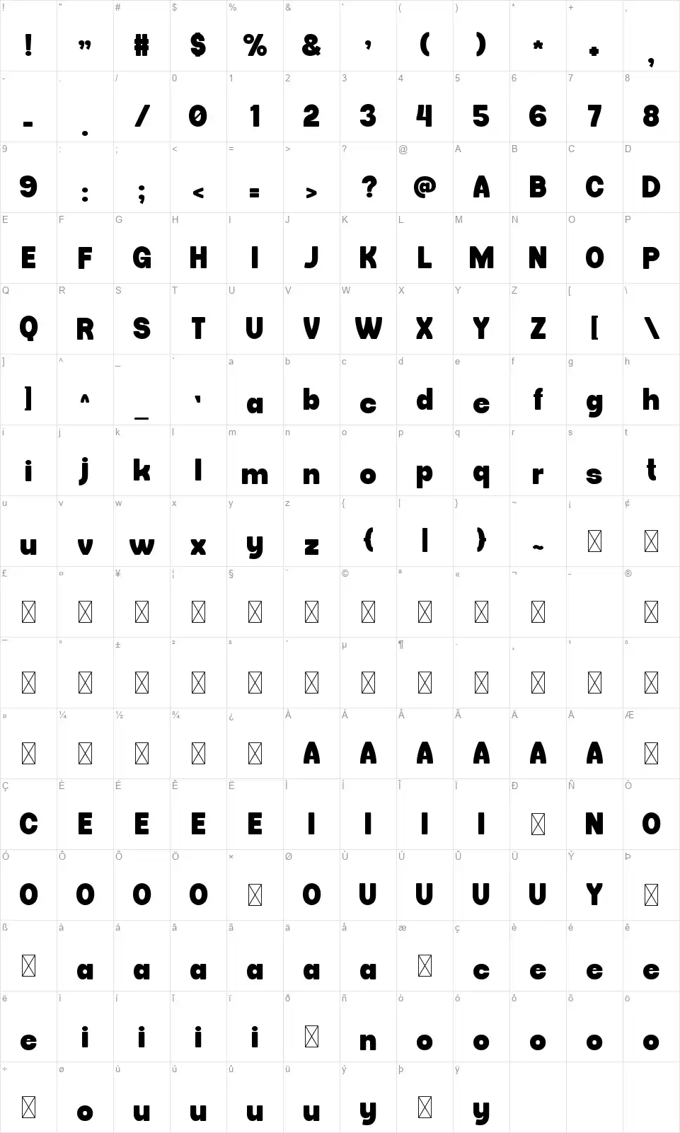 Vulcrum Table des caractères Vulcrumfont character map