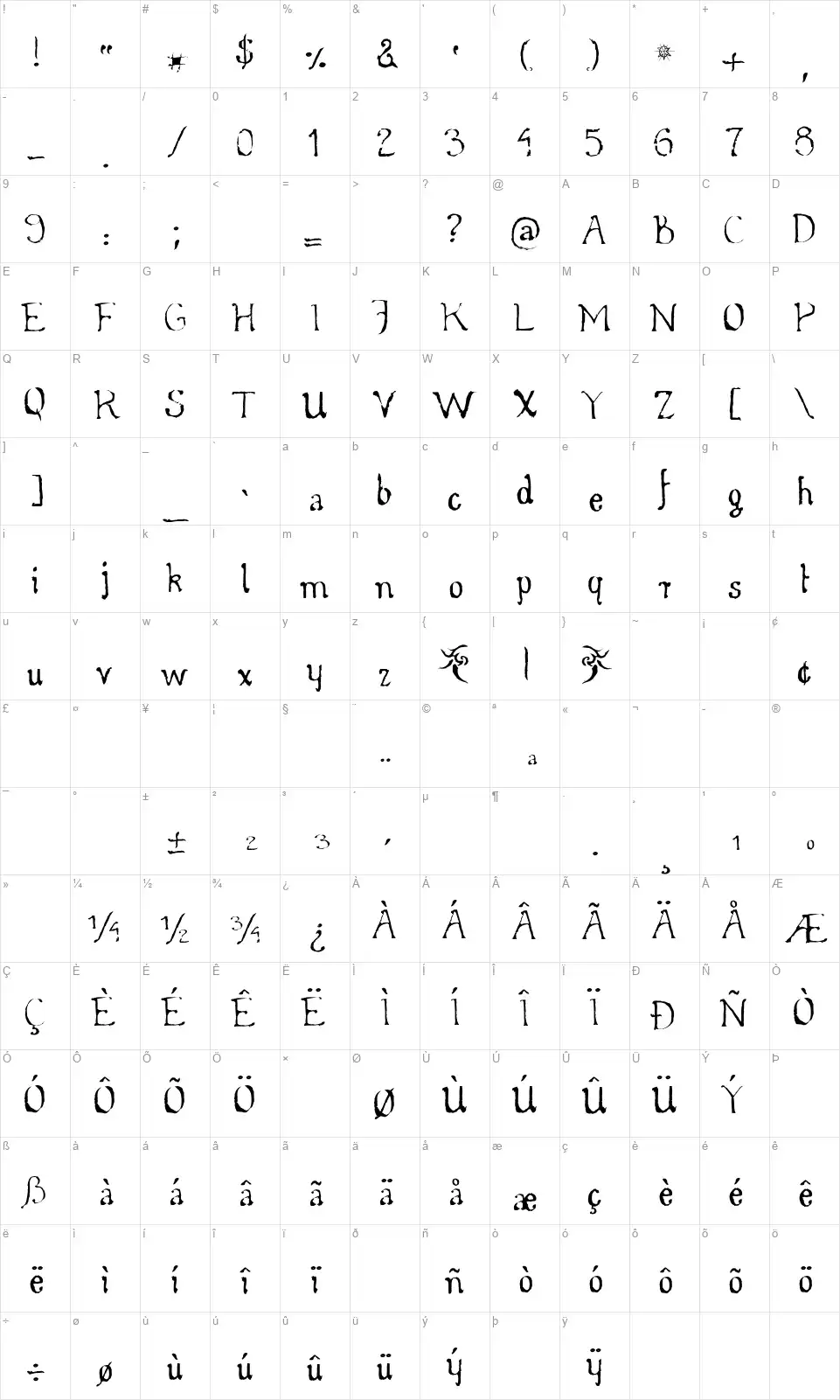 Whirly Woodfont character map