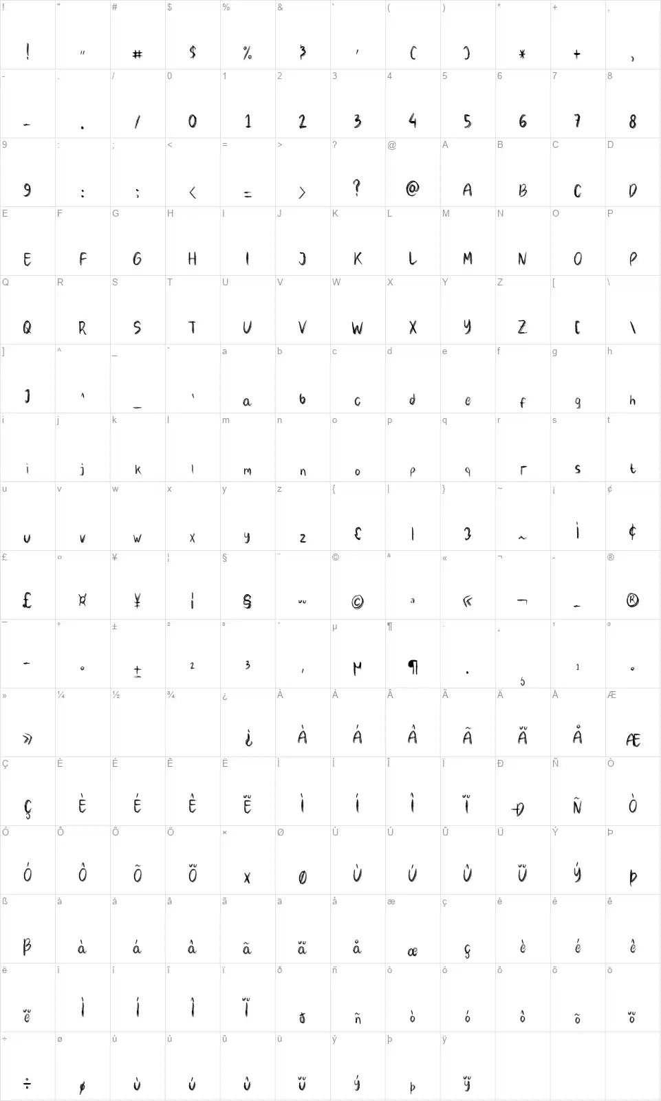 Wild Childfont character map