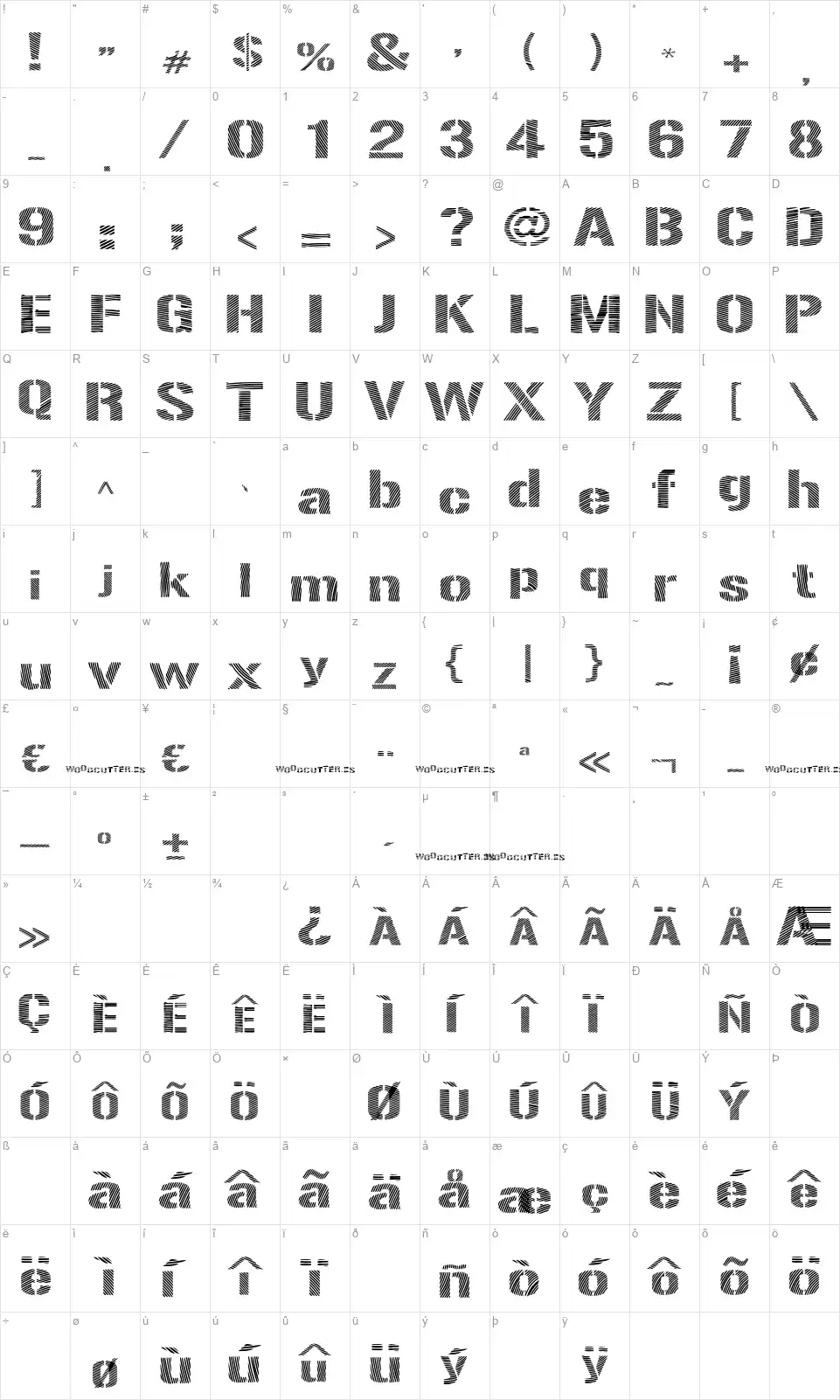 Woodcutter Optical Armyfont character map