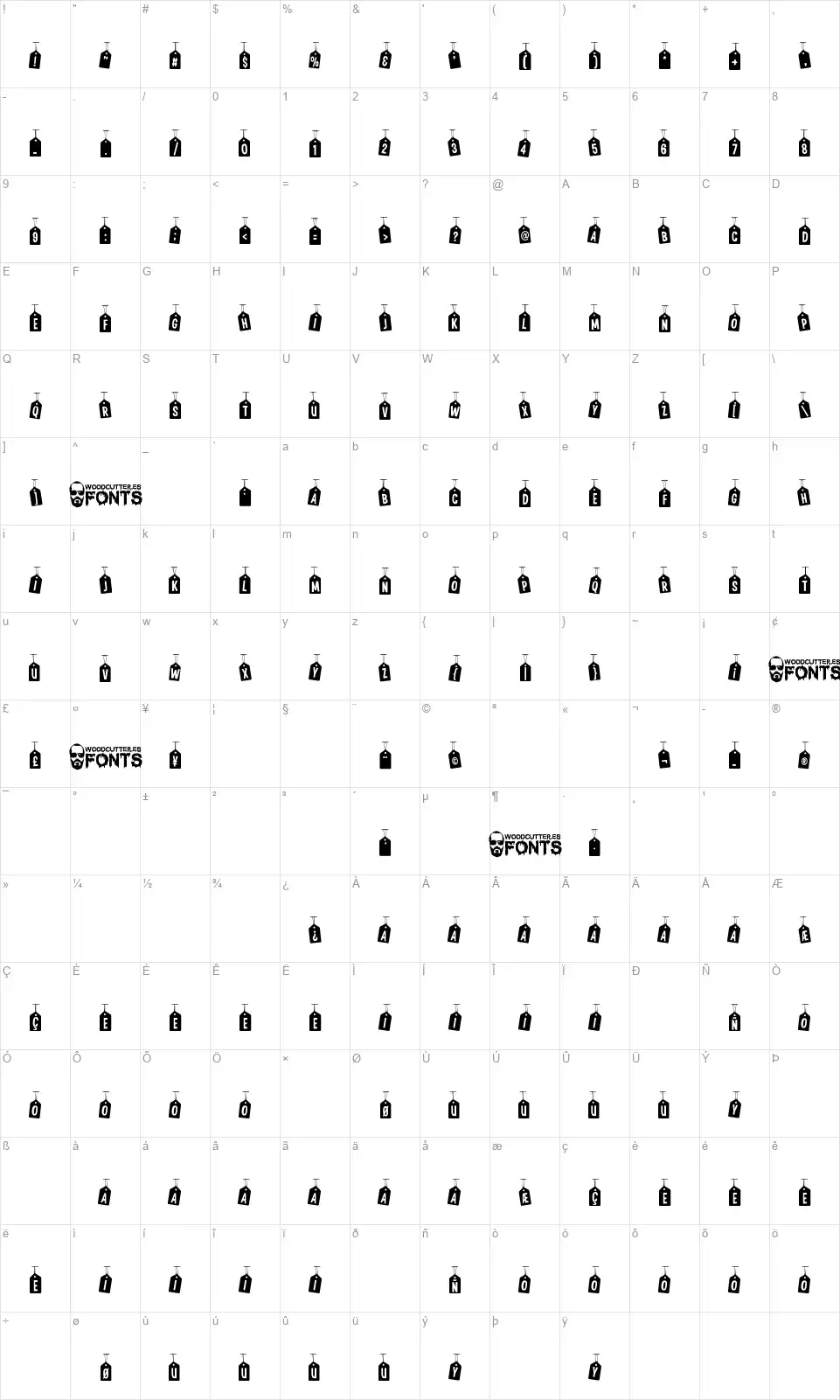 Woodcutter Tags on a Ropefont character map